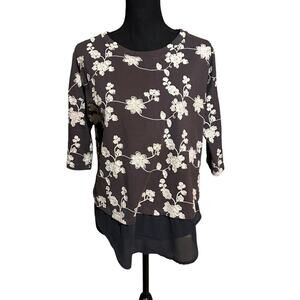 Umgee Embroidered Floral Print Neutral Boho Top Women's M Medium